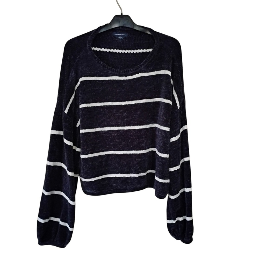 American Eagle Navy Blue White Striped Chenille Sweater Crew Neck Large
